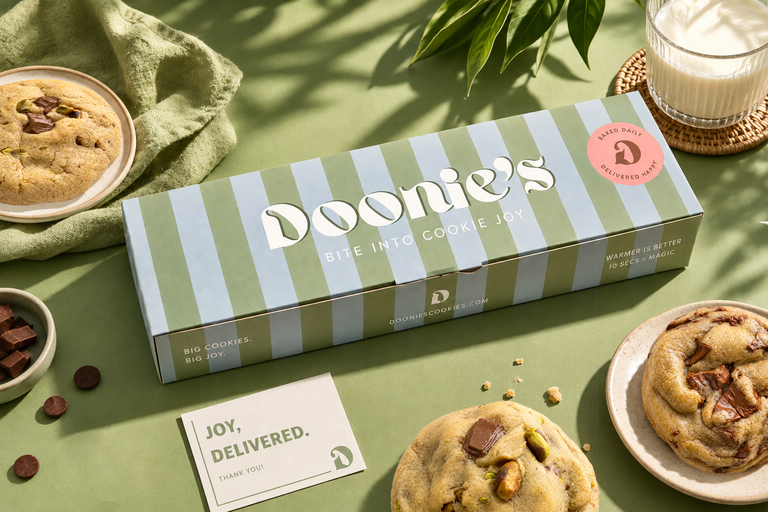 A striped Doonie's cookie box surrounded by fresh cookies and a glass of milk